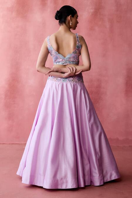 Shop SUHINO Pink Georgette, Cotton Embroidery, Peony Bloom Patchwork Cape Lehenga Set Online at Aza Fashions Shop_SUHINO_Pink Georgette, Cotton Embroidery, Peony Bloom Patchwork Cape Lehenga Set _Online_at_Aza_Fashions