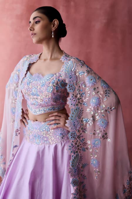 SUHINO Pink Georgette, Cotton Embroidery, Peony Bloom Patchwork Cape Lehenga Set at Aza Fashions SUHINO_Pink Georgette, Cotton Embroidery, Peony Bloom Patchwork Cape Lehenga Set _at_Aza_Fashions