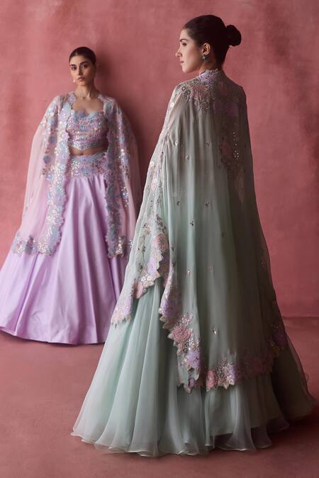 Buy SUHINO Pink Georgette, Cotton Embroidery, Peony Bloom Patchwork Cape Lehenga Set Buy_SUHINO_Pink Georgette, Cotton Embroidery, Peony Bloom Patchwork Cape Lehenga Set