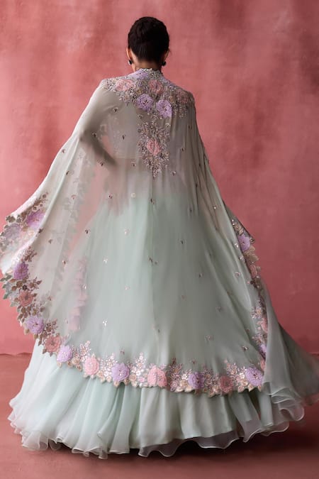 SUHINO_Blue Organza, Cotton, Georgette Shabab Hayat Patchwork Cape Lehenga Set _Online_at_Aza_Fashions