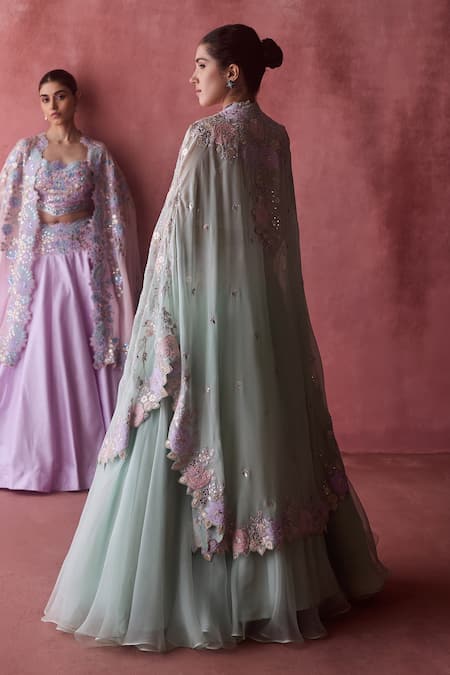 Buy_SUHINO_Blue Organza, Cotton, Georgette Shabab Hayat Patchwork Cape Lehenga Set _Online_at_Aza_Fashions