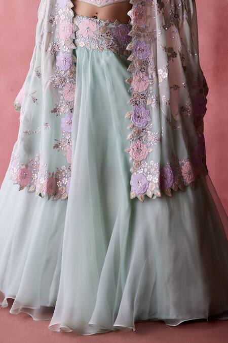 Shop_SUHINO_Blue Organza, Cotton, Georgette Shabab Hayat Patchwork Cape Lehenga Set _Online_at_Aza_Fashions