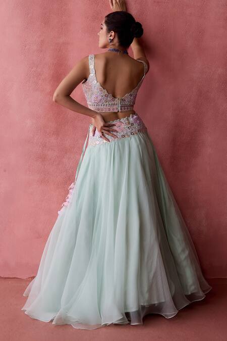 SUHINO_Blue Organza, Cotton, Georgette Shabab Hayat Patchwork Cape Lehenga Set _at_Aza_Fashions