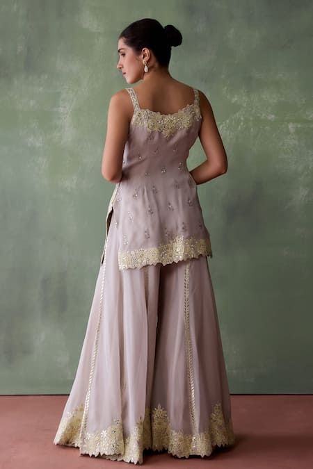 Shop SUHINO Grey Organza, Cotton Embroidery, Mirrors, Mughal Bloom Jaal Kurta Sharara Set at Aza Fashions Shop_SUHINO_Grey Organza, Cotton Embroidery, Mirrors, Mughal Bloom Jaal Kurta Sharara Set _at_Aza_Fashions