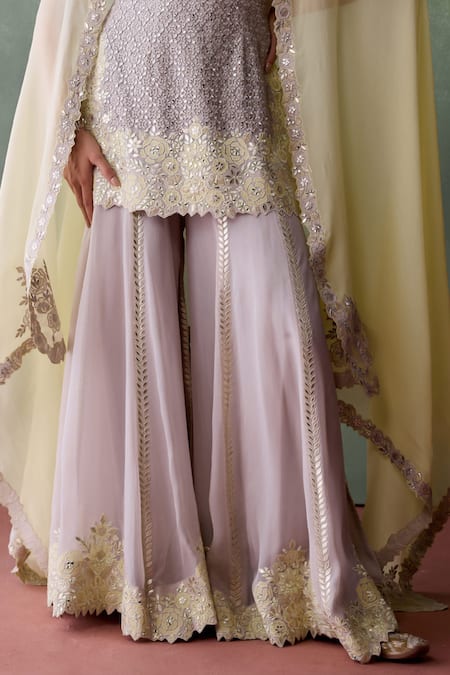SUHINO Grey Organza, Cotton Embroidery, Mirrors, Mughal Bloom Jaal Kurta Sharara Set Online at Aza Fashions SUHINO_Grey Organza, Cotton Embroidery, Mirrors, Mughal Bloom Jaal Kurta Sharara Set _Online_at_Aza_Fashions