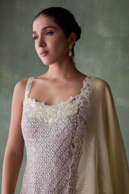 Buy SUHINO Grey Organza, Cotton Embroidery, Mirrors, Mughal Bloom Jaal Kurta Sharara Set Online at Aza Fashions Buy_SUHINO_Grey Organza, Cotton Embroidery, Mirrors, Mughal Bloom Jaal Kurta Sharara Set _Online_at_Aza_Fashions