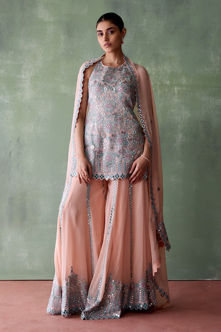 Suhino Peach Organza Lining Cotton Shantoon Mughal Blossom Kurta Sharara Set 