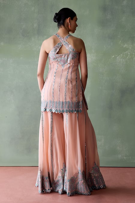 Shop SUHINO Peach Organza, Cotton Mirrors, Patchwork, Mughal Blossom Kurta Sharara Set at Aza Fashions Shop_SUHINO_Peach Organza, Cotton Mirrors, Patchwork, Mughal Blossom Kurta Sharara Set _at_Aza_Fashions