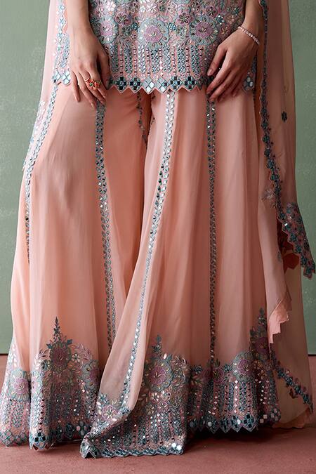 Buy SUHINO Peach Organza, Cotton Mirrors, Patchwork, Mughal Blossom Kurta Sharara Set Online at Aza Fashions Buy_SUHINO_Peach Organza, Cotton Mirrors, Patchwork, Mughal Blossom Kurta Sharara Set _Online_at_Aza_Fashions