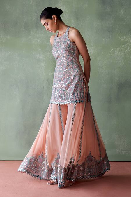 Shop SUHINO Peach Organza, Cotton Mirrors, Patchwork, Mughal Blossom Kurta Sharara Set Online at Aza Fashions Shop_SUHINO_Peach Organza, Cotton Mirrors, Patchwork, Mughal Blossom Kurta Sharara Set _Online_at_Aza_Fashions