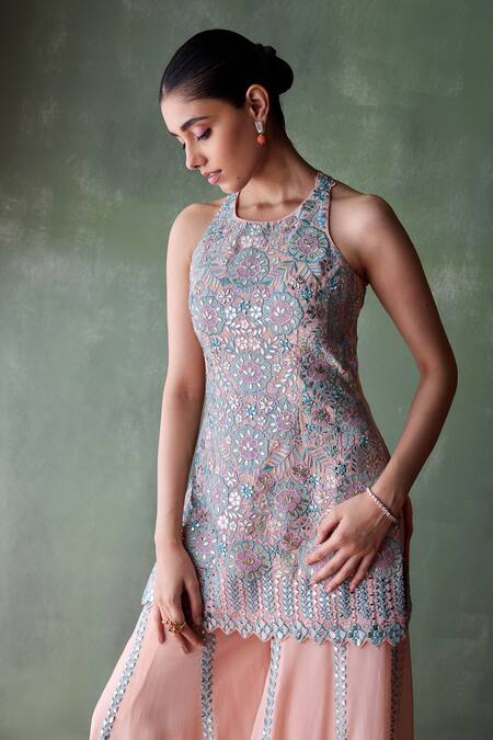 SUHINO Peach Organza, Cotton Mirrors, Patchwork, Mughal Blossom Kurta Sharara Set at Aza Fashions SUHINO_Peach Organza, Cotton Mirrors, Patchwork, Mughal Blossom Kurta Sharara Set _at_Aza_Fashions