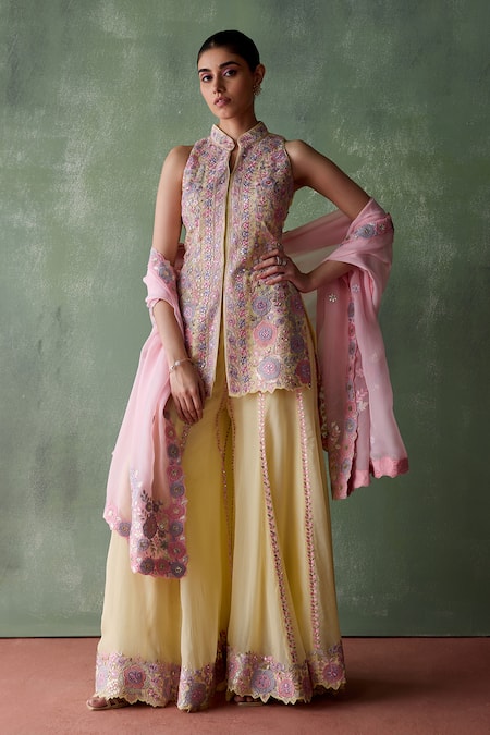 Suhino Yellow Organza Lining Cotton Shantoon Petunia Blossom Kurta Sharara Set 