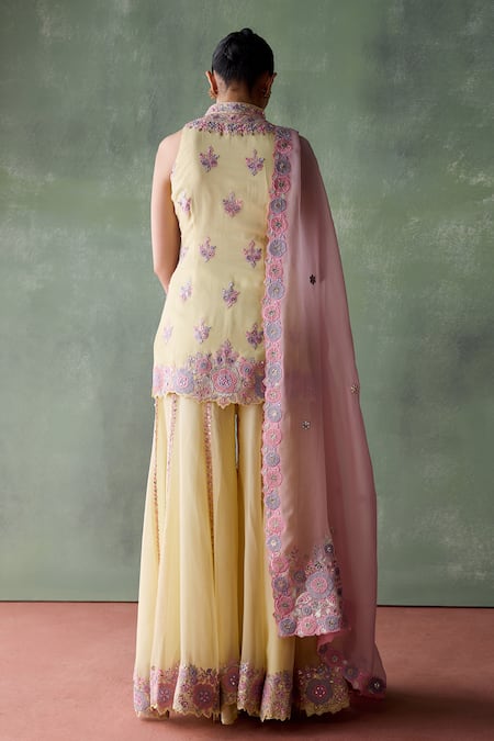 SUHINO Yellow Organza, Cotton Mirrors, Embroidery, Petunia Blossom Kurta Sharara Set Online at Aza Fashions SUHINO_Yellow Organza, Cotton Mirrors, Embroidery, Petunia Blossom Kurta Sharara Set _Online_at_Aza_Fashions