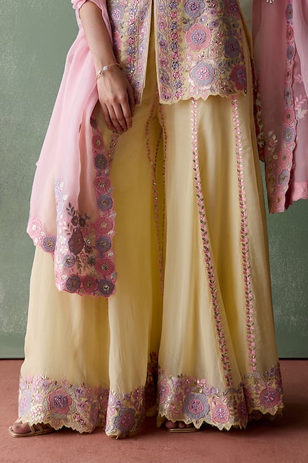 Shop SUHINO Yellow Organza, Cotton Mirrors, Embroidery, Petunia Blossom Kurta Sharara Set Online at Aza Fashions Shop_SUHINO_Yellow Organza, Cotton Mirrors, Embroidery, Petunia Blossom Kurta Sharara Set _Online_at_Aza_Fashions