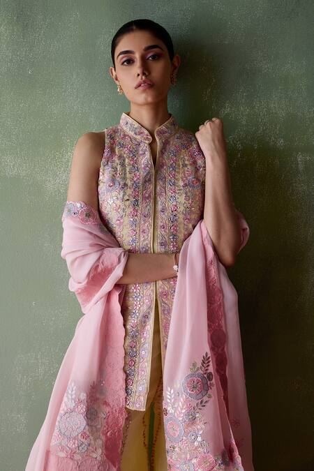 SUHINO Yellow Organza, Cotton Mirrors, Embroidery, Petunia Blossom Kurta Sharara Set at Aza Fashions SUHINO_Yellow Organza, Cotton Mirrors, Embroidery, Petunia Blossom Kurta Sharara Set _at_Aza_Fashions