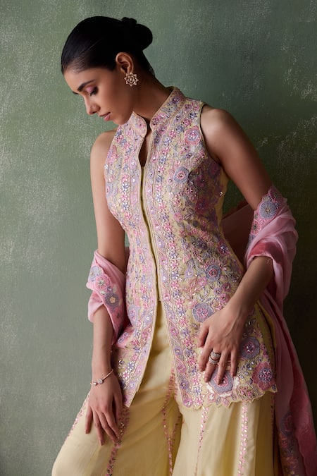 Buy SUHINO Yellow Organza, Cotton Mirrors, Embroidery, Petunia Blossom Kurta Sharara Set Buy_SUHINO_Yellow Organza, Cotton Mirrors, Embroidery, Petunia Blossom Kurta Sharara Set