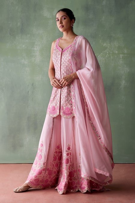 Suhino Pink Organza Lining Cotton Shantoon Persian Blossom Kurta Sharara Set 