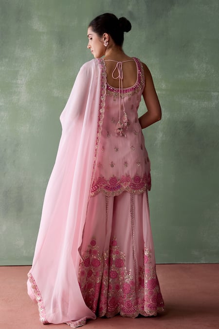 SUHINO Pink Organza, Cotton Embroidery, Mirrors, Persian Blossom Kurta Sharara Set Online at Aza Fashions SUHINO_Pink Organza, Cotton Embroidery, Mirrors, Persian Blossom Kurta Sharara Set _Online_at_Aza_Fashions