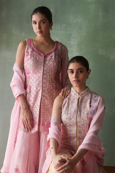Shop SUHINO Pink Organza, Cotton Embroidery, Mirrors, Persian Blossom Kurta Sharara Set Online at Aza Fashions Shop_SUHINO_Pink Organza, Cotton Embroidery, Mirrors, Persian Blossom Kurta Sharara Set _Online_at_Aza_Fashions