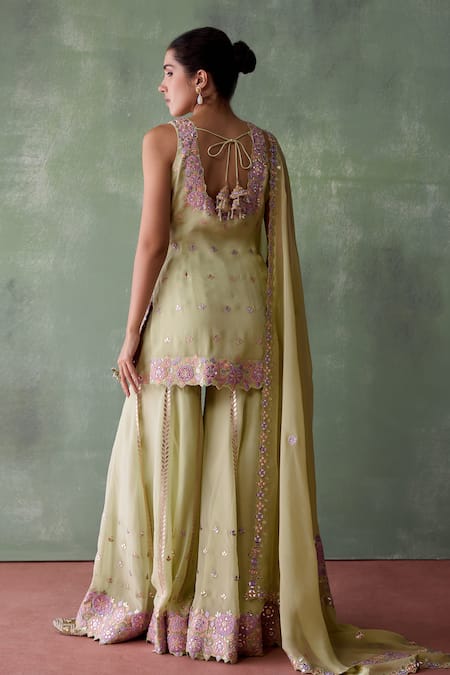 Shop_SUHINO_Green Organza, Cotton Embroidery, Mirrors, French Blossom Kurta Sharara Set _at_Aza_Fashions