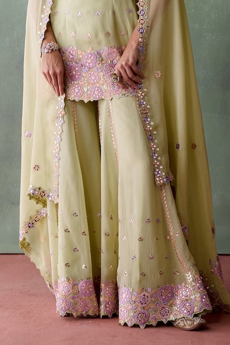 SUHINO_Green Organza, Cotton Embroidery, Mirrors, French Blossom Kurta Sharara Set _Online_at_Aza_Fashions