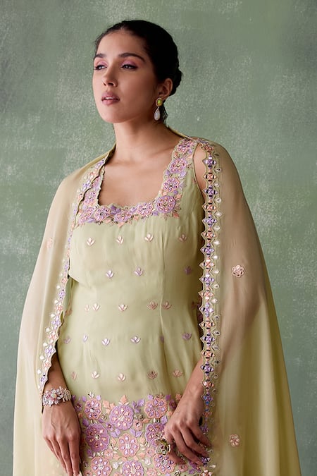 Buy_SUHINO_Green Organza, Cotton Embroidery, Mirrors, French Blossom Kurta Sharara Set _Online_at_Aza_Fashions