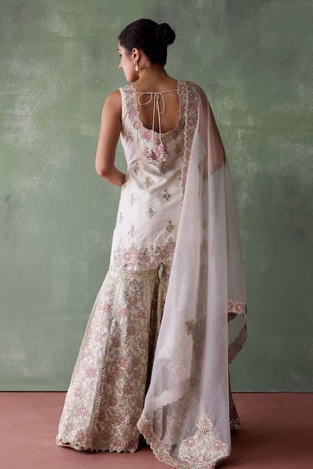 Shop SUHINO White Silk, Organza, Cotton Mirrors, Patchwork, Shabnam Gul Kurta Gharara Set at Aza Fashions Shop_SUHINO_White Silk, Organza, Cotton Mirrors, Patchwork, Shabnam Gul Kurta Gharara Set _at_Aza_Fashions