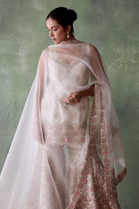 SUHINO White Silk, Organza, Cotton Mirrors, Patchwork, Shabnam Gul Kurta Gharara Set Online at Aza Fashions SUHINO_White Silk, Organza, Cotton Mirrors, Patchwork, Shabnam Gul Kurta Gharara Set _Online_at_Aza_Fashions