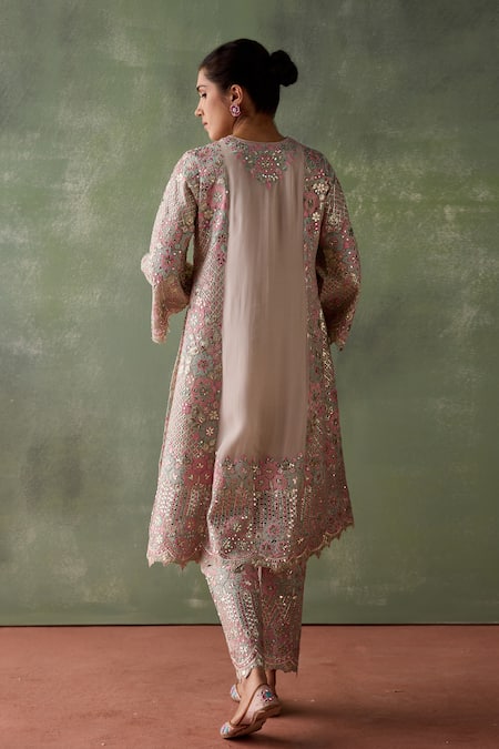 Shop SUHINO Grey Organza, Cotton Mirrors, Patchwork, Embroidery Mughlai Gul Kurta Pant Set at Aza Fashions Shop_SUHINO_Grey Organza, Cotton Mirrors, Patchwork, Embroidery Mughlai Gul Kurta Pant Set _at_Aza_Fashions