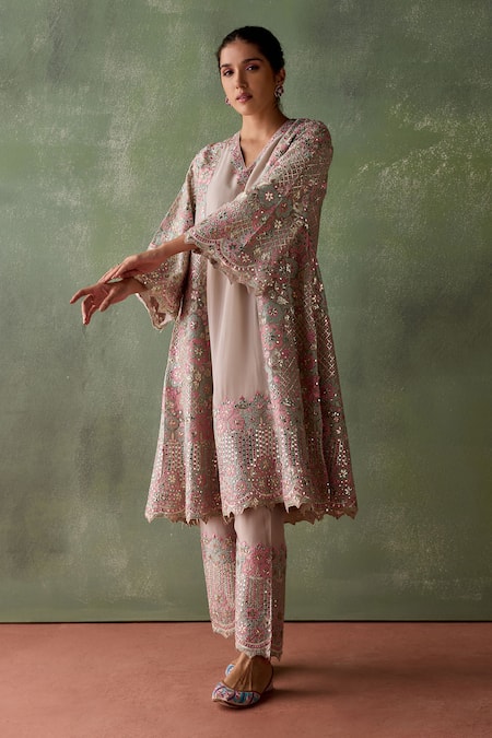 SUHINO Grey Organza, Cotton Mirrors, Patchwork, Embroidery Mughlai Gul Kurta Pant Set Online at Aza Fashions SUHINO_Grey Organza, Cotton Mirrors, Patchwork, Embroidery Mughlai Gul Kurta Pant Set _Online_at_Aza_Fashions