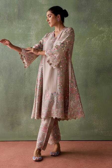 Buy SUHINO Grey Organza, Cotton Mirrors, Patchwork, Embroidery Mughlai Gul Kurta Pant Set Online at Aza Fashions Buy_SUHINO_Grey Organza, Cotton Mirrors, Patchwork, Embroidery Mughlai Gul Kurta Pant Set _Online_at_Aza_Fashions