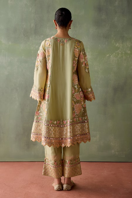 Shop SUHINO Green Organza, Cotton Embroidery, Mirrors, Magnolia Gul Kurta Pant Set at Aza Fashions Shop_SUHINO_Green Organza, Cotton Embroidery, Mirrors, Magnolia Gul Kurta Pant Set_at_Aza_Fashions