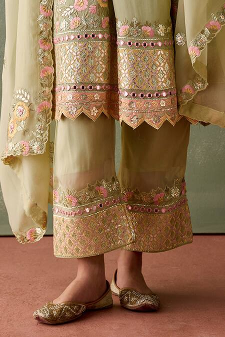 SUHINO Green Organza, Cotton Embroidery, Mirrors, Magnolia Gul Kurta Pant Set Online at Aza Fashions SUHINO_Green Organza, Cotton Embroidery, Mirrors, Magnolia Gul Kurta Pant Set_Online_at_Aza_Fashions