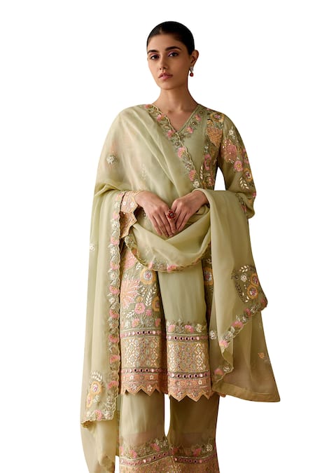 Buy SUHINO Green Organza, Cotton Embroidery, Mirrors, Magnolia Gul Kurta Pant Set Online at Aza Fashions Buy_SUHINO_Green Organza, Cotton Embroidery, Mirrors, Magnolia Gul Kurta Pant Set_Online_at_Aza_Fashions