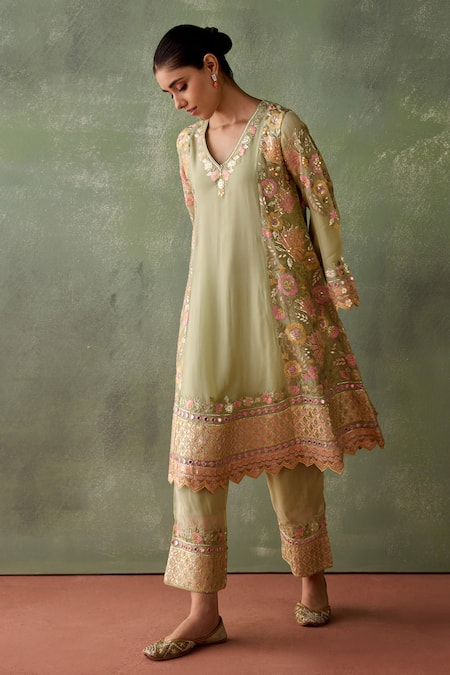 Shop SUHINO Green Organza, Cotton Embroidery, Mirrors, Magnolia Gul Kurta Pant Set Online at Aza Fashions Shop_SUHINO_Green Organza, Cotton Embroidery, Mirrors, Magnolia Gul Kurta Pant Set_Online_at_Aza_Fashions