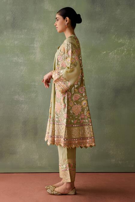 SUHINO Green Organza, Cotton Embroidery, Mirrors, Magnolia Gul Kurta Pant Set at Aza Fashions SUHINO_Green Organza, Cotton Embroidery, Mirrors, Magnolia Gul Kurta Pant Set_at_Aza_Fashions