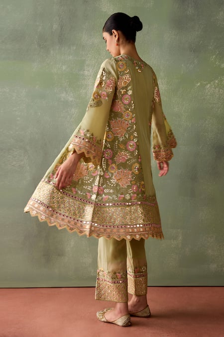 Buy SUHINO Green Organza, Cotton Embroidery, Mirrors, Magnolia Gul Kurta Pant Set Buy_SUHINO_Green Organza, Cotton Embroidery, Mirrors, Magnolia Gul Kurta Pant Set