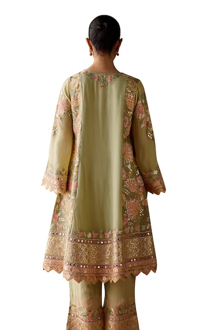 Shop SUHINO Green Organza, Cotton Embroidery, Mirrors, Magnolia Gul Kurta Pant Set Shop_SUHINO_Green Organza, Cotton Embroidery, Mirrors, Magnolia Gul Kurta Pant Set