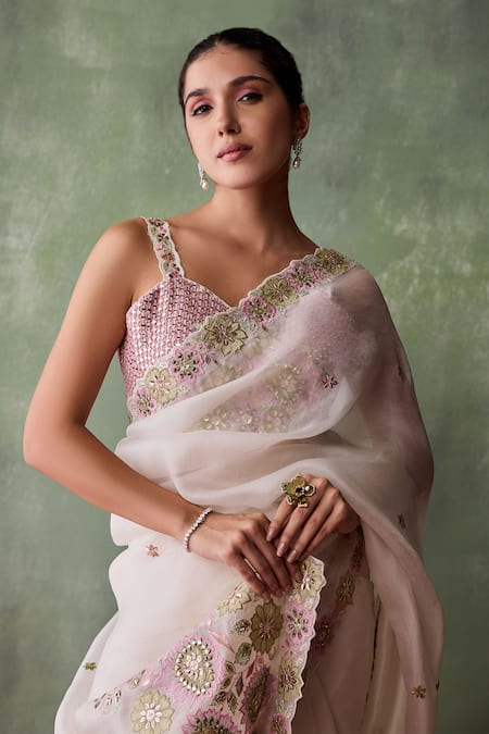 Buy SUHINO White Organza, Cotton Embroidery, Mirrors Fleur Patchwork Saree With Blouse Online at Aza Fashions Buy_SUHINO_White Organza, Cotton Embroidery, Mirrors Fleur Patchwork Saree With Blouse _Online_at_Aza_Fashions