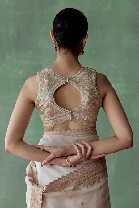 Buy SUHINO White Organza, Cotton Patchwork, Bloom Garden Aari And Saree With Blouse Online at Aza Fashions Buy_SUHINO_White Organza, Cotton Patchwork, Bloom Garden Aari And Saree With Blouse _Online_at_Aza_Fashions