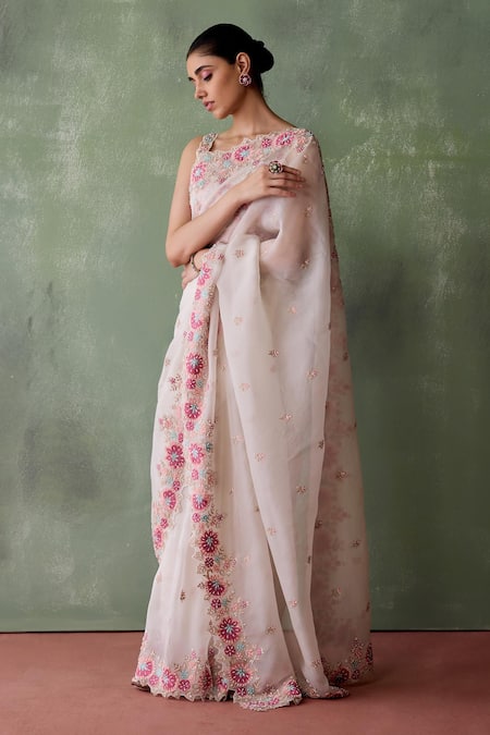 Buy_SUHINO_White Organza, Cotton Pearls, Patchwork, Flora Resham Saree With Blouse _Online_at_Aza_Fashions