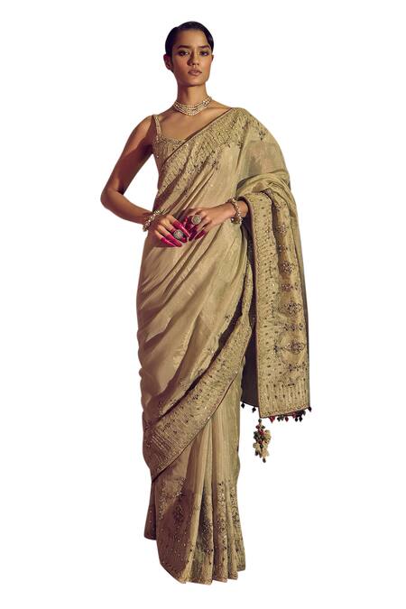 Punit Balana_Gold Silk, Tissue Gota Patti, Sequins, Border Embellished Saree With Blouse _Online_at_Aza_Fashions