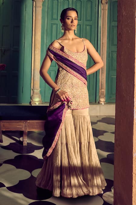 Shop Punit Balana Gold Tissue, Silk, Organza Embroidery, Mirrors Noor Resham Kurta Gharara Set at Aza Fashions Shop_Punit Balana_Gold Tissue, Silk, Organza Embroidery, Mirrors Noor Resham Kurta Gharara Set _at_Aza_Fashions