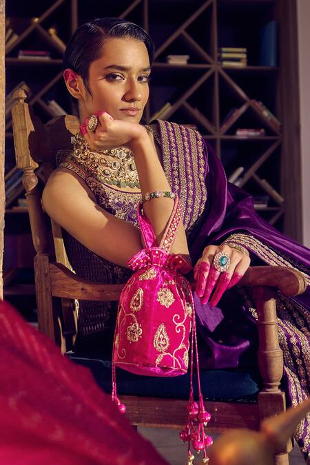 Shop Punit Balana Purple Chanderi Silk, Organza Embroidery, Gota Patti Marodi Saree With Blouse Online at Aza Fashions Shop_Punit Balana_Purple Chanderi Silk, Organza Embroidery, Gota Patti Marodi Saree With Blouse _Online_at_Aza_Fashions