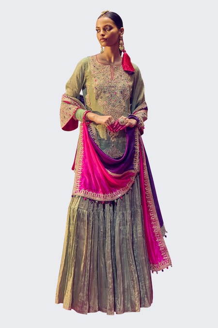 Punit Balana Green Silk, Tissue, Organza Embroidery, Applique Round Neck Noorani Kurta Set Online at Aza Fashions Punit Balana_Green Silk, Tissue, Organza Embroidery, Applique Round Neck Noorani Kurta Set _Online_at_Aza_Fashions