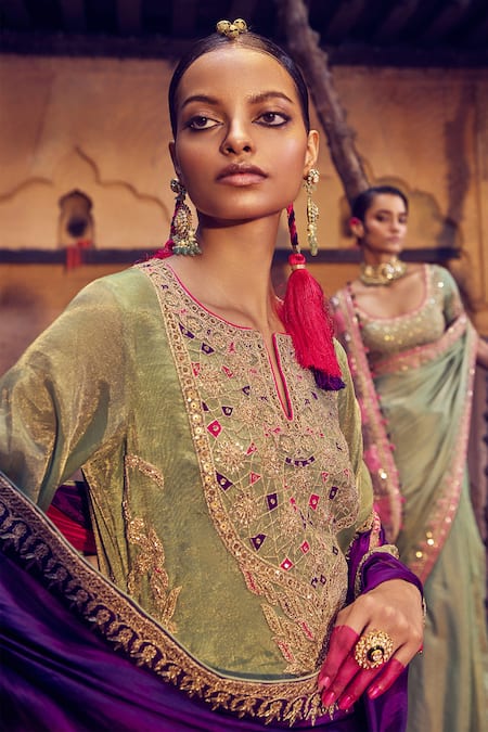 Buy Punit Balana Green Silk, Tissue, Organza Embroidery, Applique Round Neck Noorani Kurta Set Online at Aza Fashions Buy_Punit Balana_Green Silk, Tissue, Organza Embroidery, Applique Round Neck Noorani Kurta Set _Online_at_Aza_Fashions