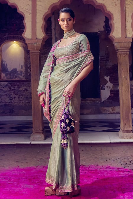 PUNIT BALANA Zardozi Border Embroidered Saree With Blouse 