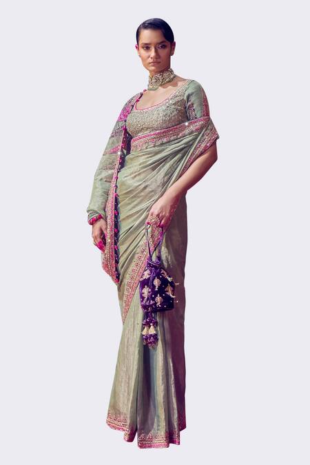 Punit Balana_Green Silk Embroidery, Patchwork, Zari Scoop Zardozi Border Saree With Blouse _Online_at_Aza_Fashions