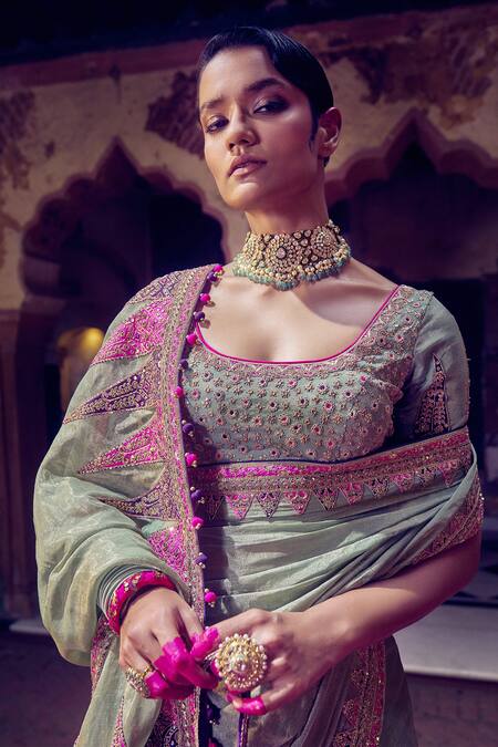 Buy_Punit Balana_Green Silk Embroidery, Patchwork, Zari Scoop Zardozi Border Saree With Blouse _Online_at_Aza_Fashions