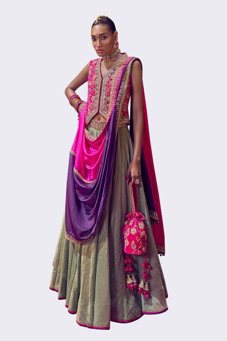 Punit Balana_Purple Velvet, Tissue, Silk Organza Cut Work, Sequins, Johri Koti Skirt Set _Online_at_Aza_Fashions